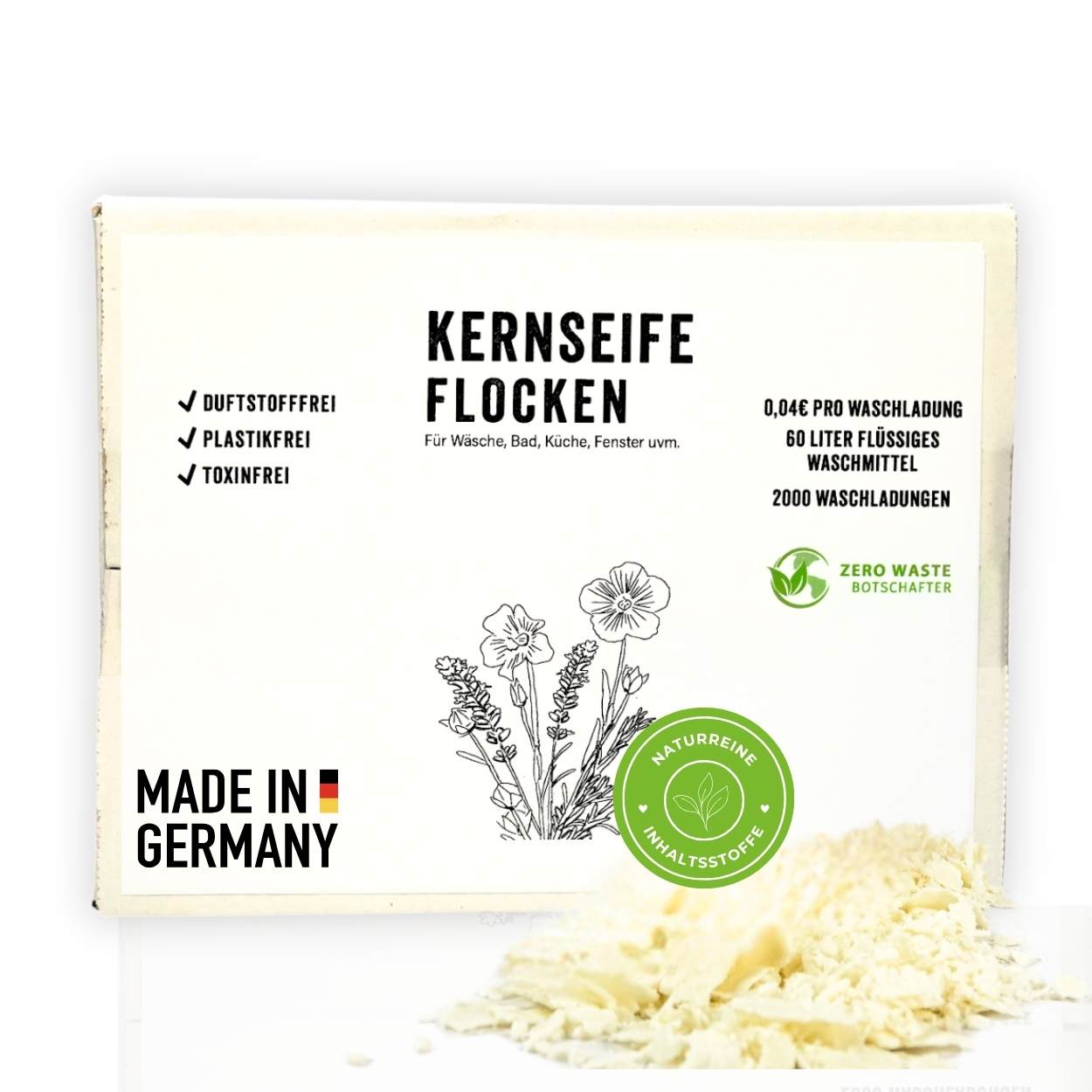 Kernseifeflocken  1000g in Karton für Wäsche, Bad, Küche, Fenster uvm. Duftstofffrei, Plastikfrei, Toxinfrei. 
