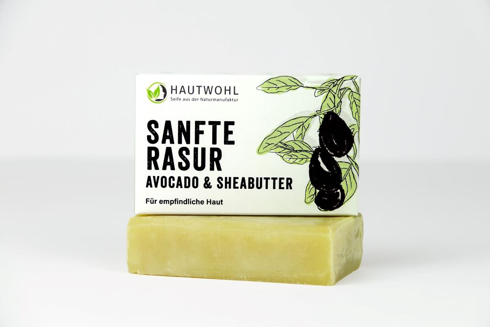 Verpackung Sanfte Rasur mit Avocadoöl und Sheabutter für empfindliche Haut.